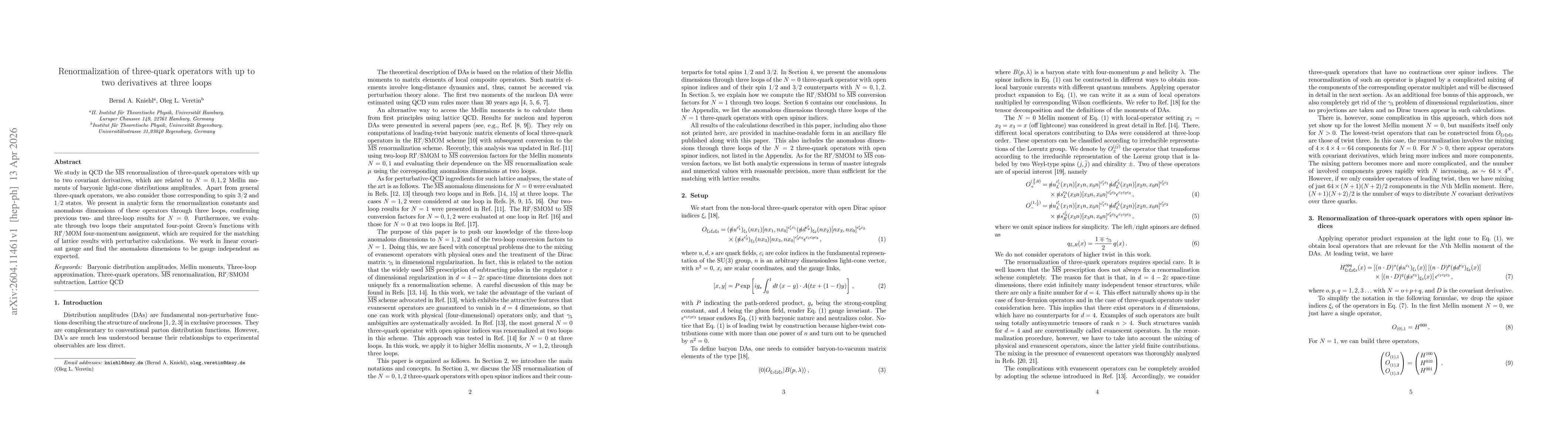 Thumbnail for Renormalization of three-quark operators with up to two derivatives at three loops