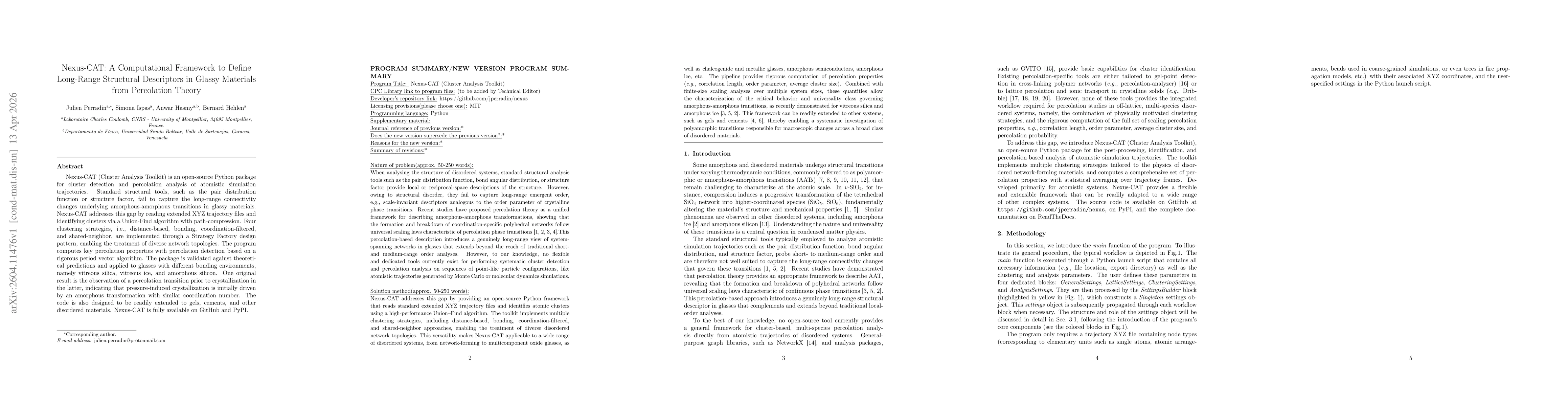 Thumbnail for Nexus-CAT: A Computational Framework to Define Long-Range Structural Descriptors in Glassy Materials from Percolation Theory