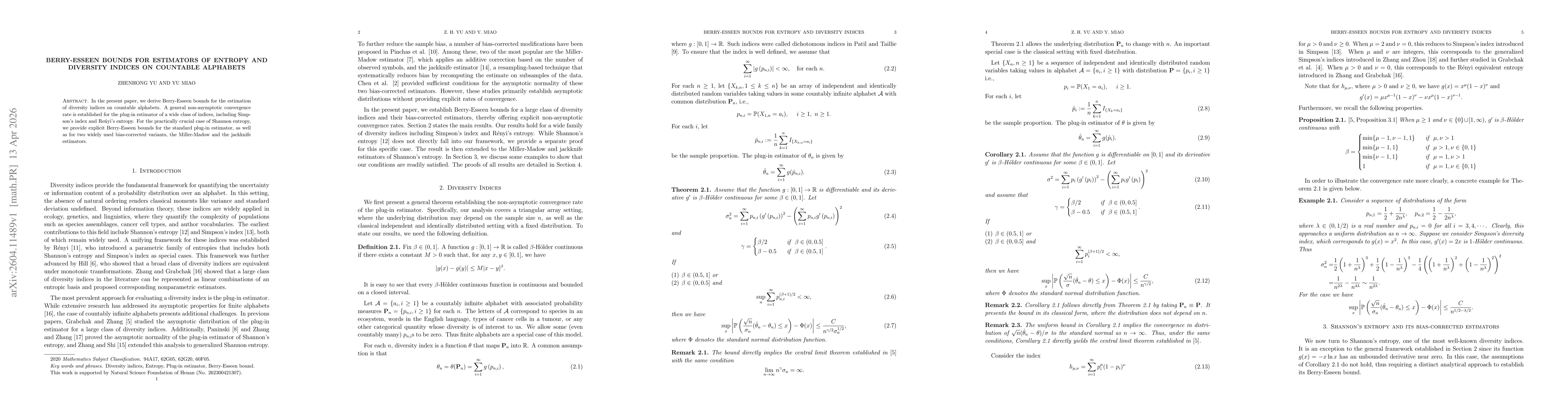 Thumbnail for Berry-Esseen bounds for estimators of entropy and diversity indices on countable alphabets