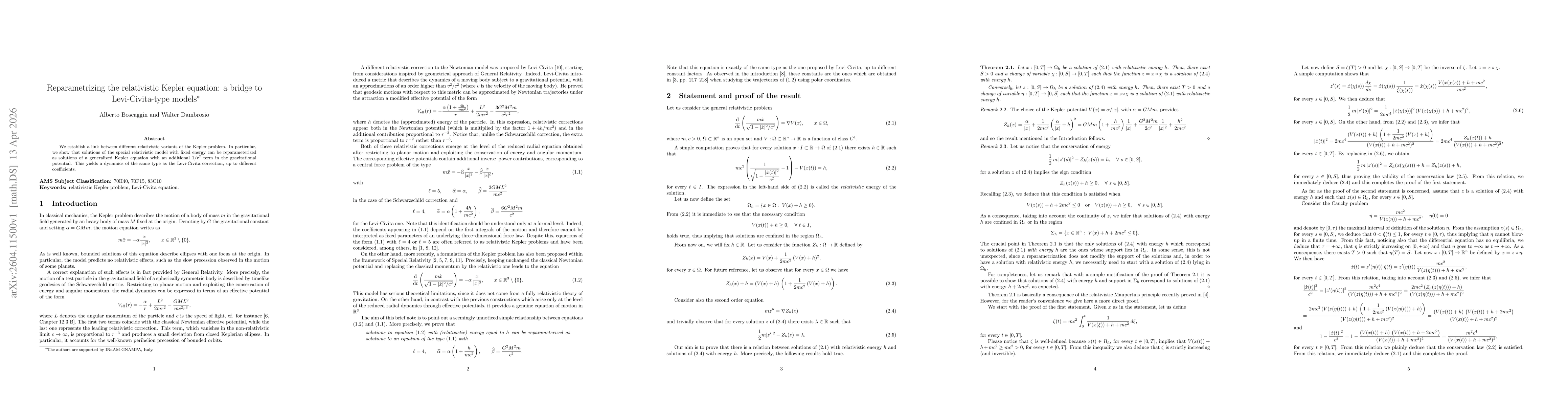 Thumbnail for Reparametrizing the relativistic Kepler equation: a bridge to Levi-Civita-type models