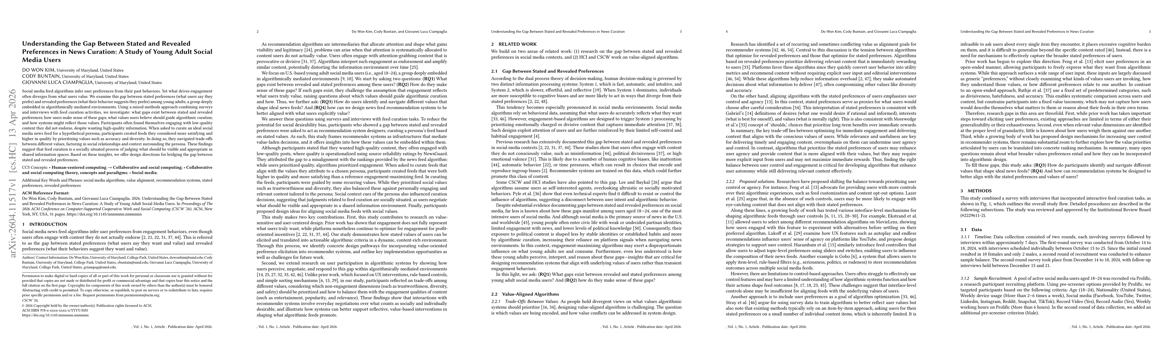 Thumbnail for Understanding the Gap Between Stated and Revealed Preferences in News Curation: A Study of Young Adult Social Media Users