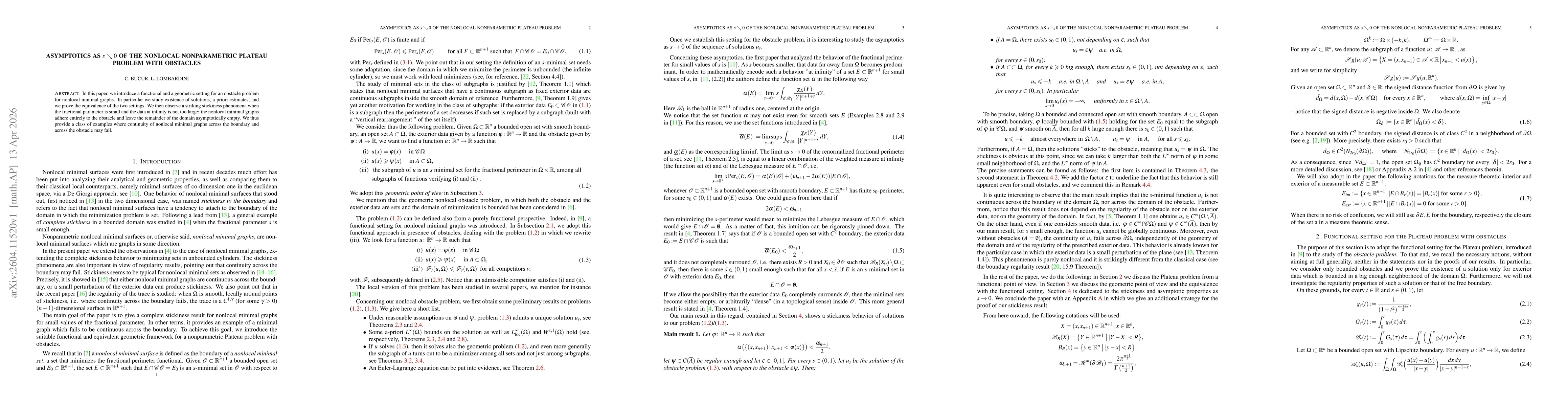 Thumbnail for Asymptotics as $s\searrow 0$ of the nonlocal nonparametric Plateau problem with obstacles