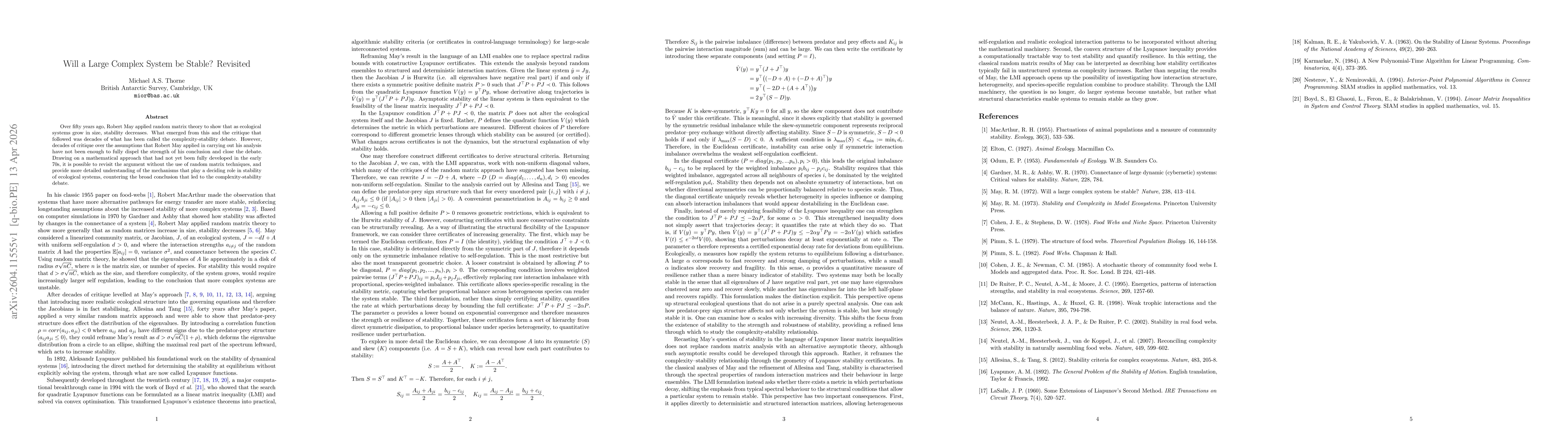 Thumbnail for Will a Large Complex System be Stable? Revisited
