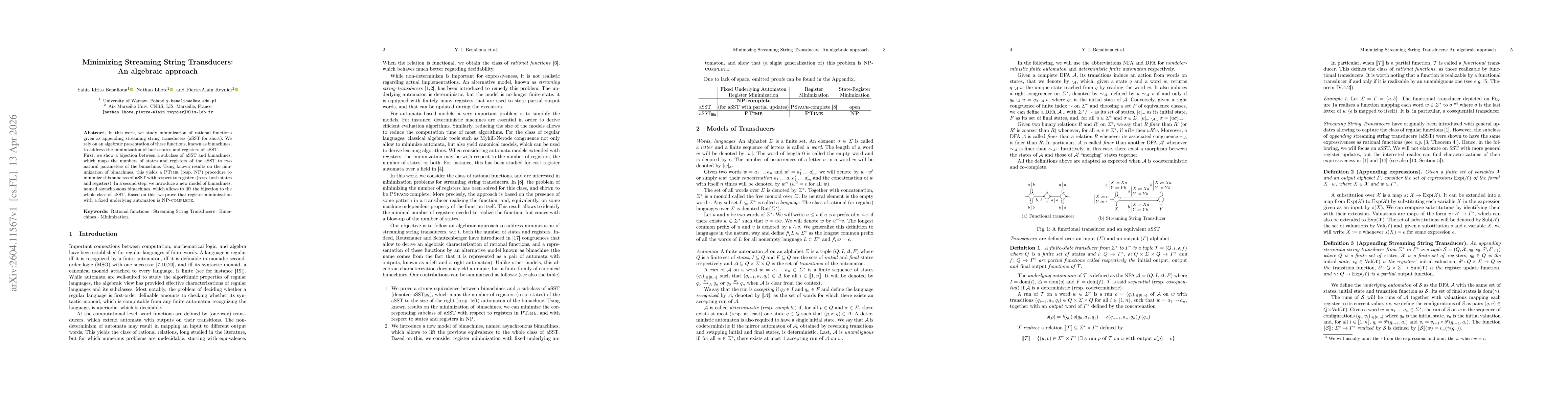 Thumbnail for Minimizing Streaming String Transducers: An algebraic approach