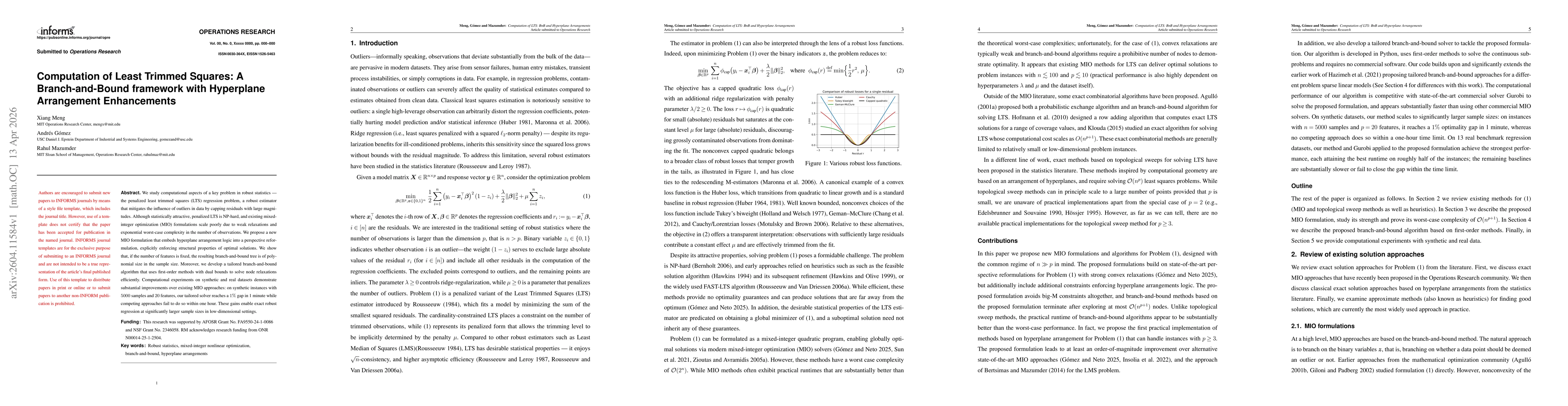 Thumbnail for Computation of Least Trimmed Squares: A Branch-and-Bound framework with Hyperplane Arrangement Enhancements