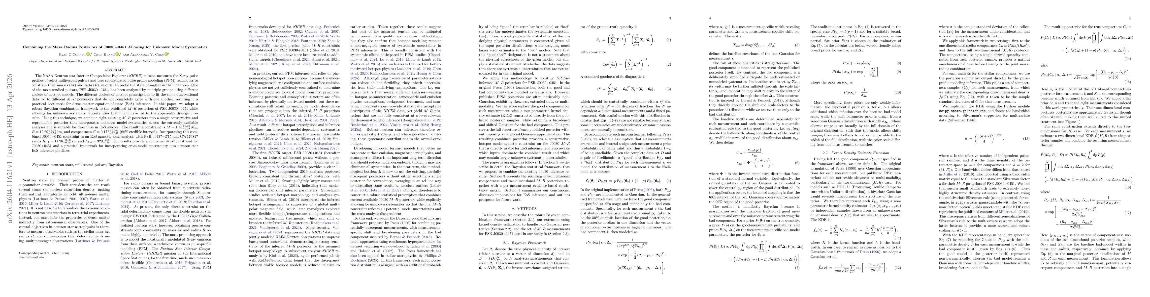 Thumbnail for Combining the Mass--Radius Posteriors of J0030+0451 Allowing for Unknown Model Systematics