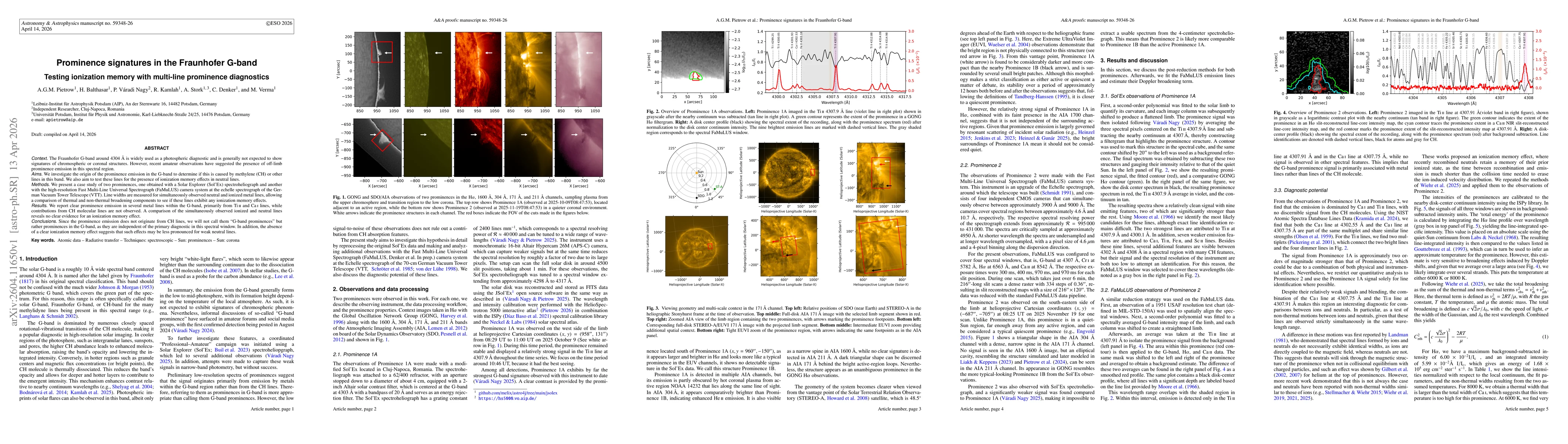 Thumbnail for Prominence signatures in the Fraunhofer G-band; Testing ionization memory with multi-line prominence diagnostics