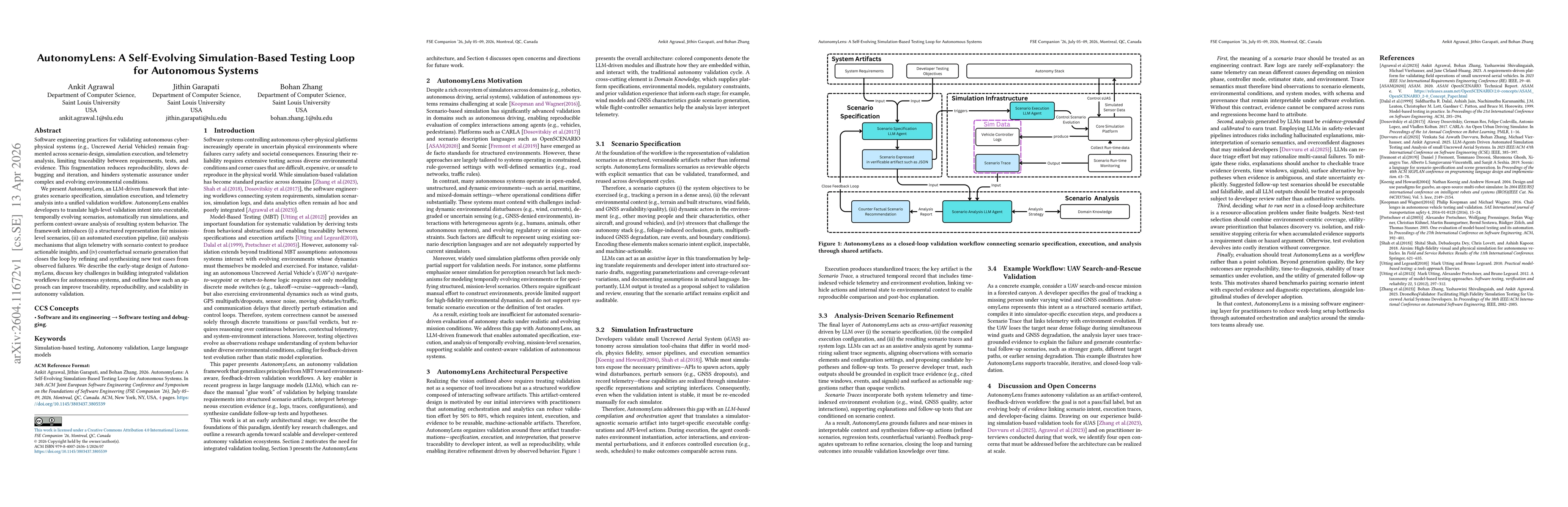 Thumbnail for AutonomyLens: A Self-Evolving Simulation-Based Testing Loop for Autonomous Systems