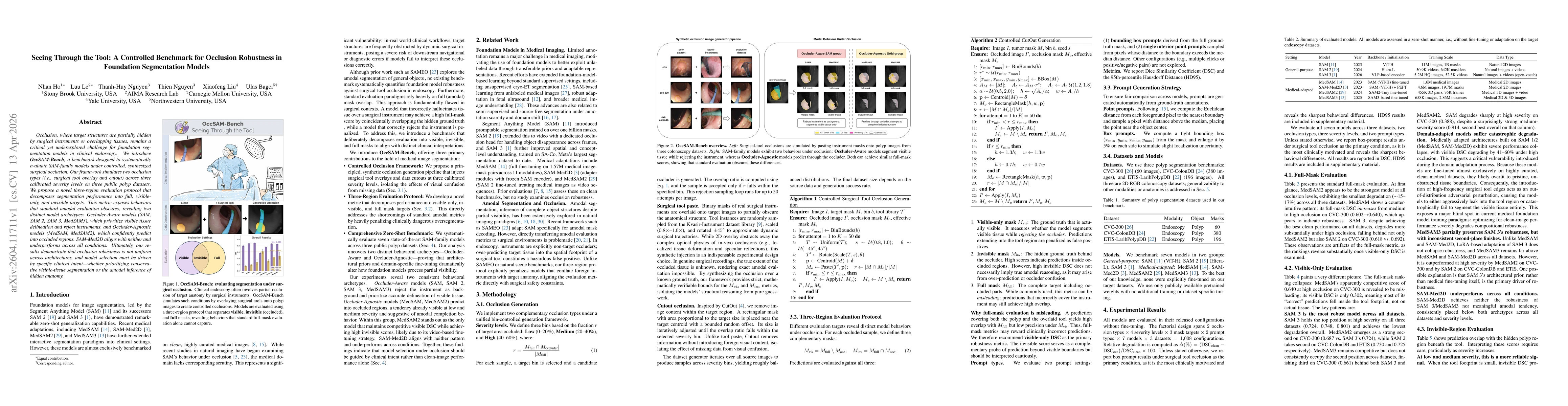Thumbnail for Seeing Through the Tool: A Controlled Benchmark for Occlusion Robustness in Foundation Segmentation Models