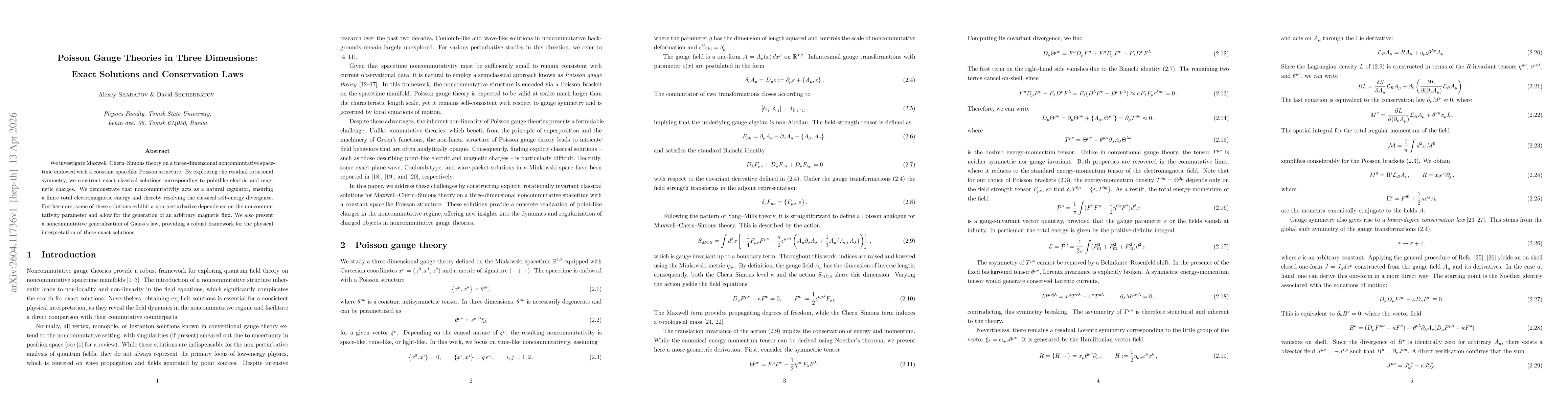 Thumbnail for Poisson Gauge Theories in Three Dimensions: Exact Solutions and Conservation Laws