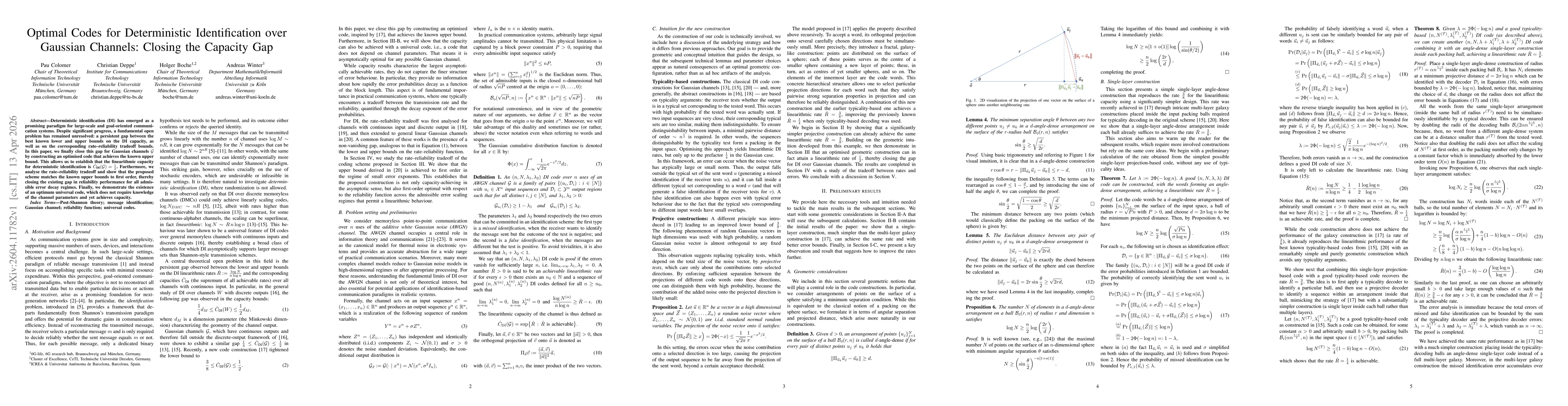 Thumbnail for Optimal Codes for Deterministic Identification over Gaussian Channels: Closing the Capacity Gap