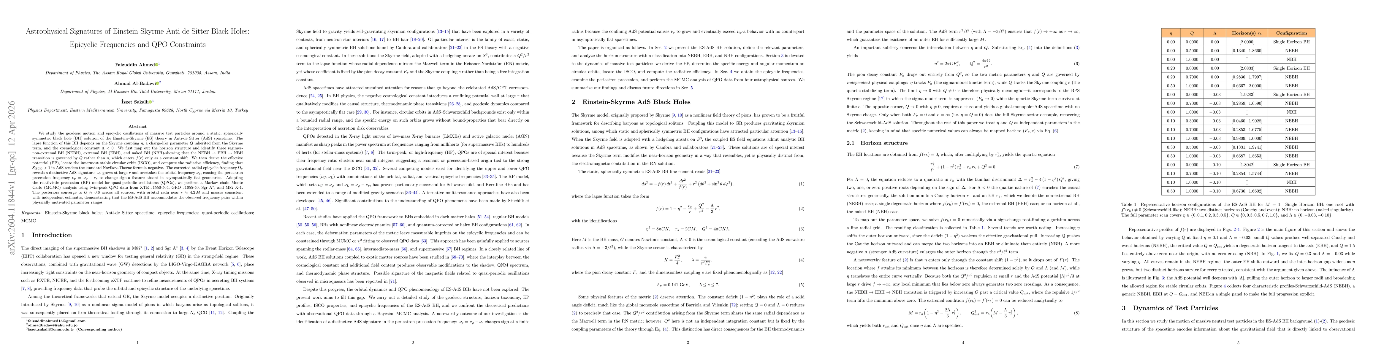 Thumbnail for Astrophysical Signatures of Einstein-Skyrme Anti-de Sitter Black Holes: Epicyclic Frequencies and QPO Constraints