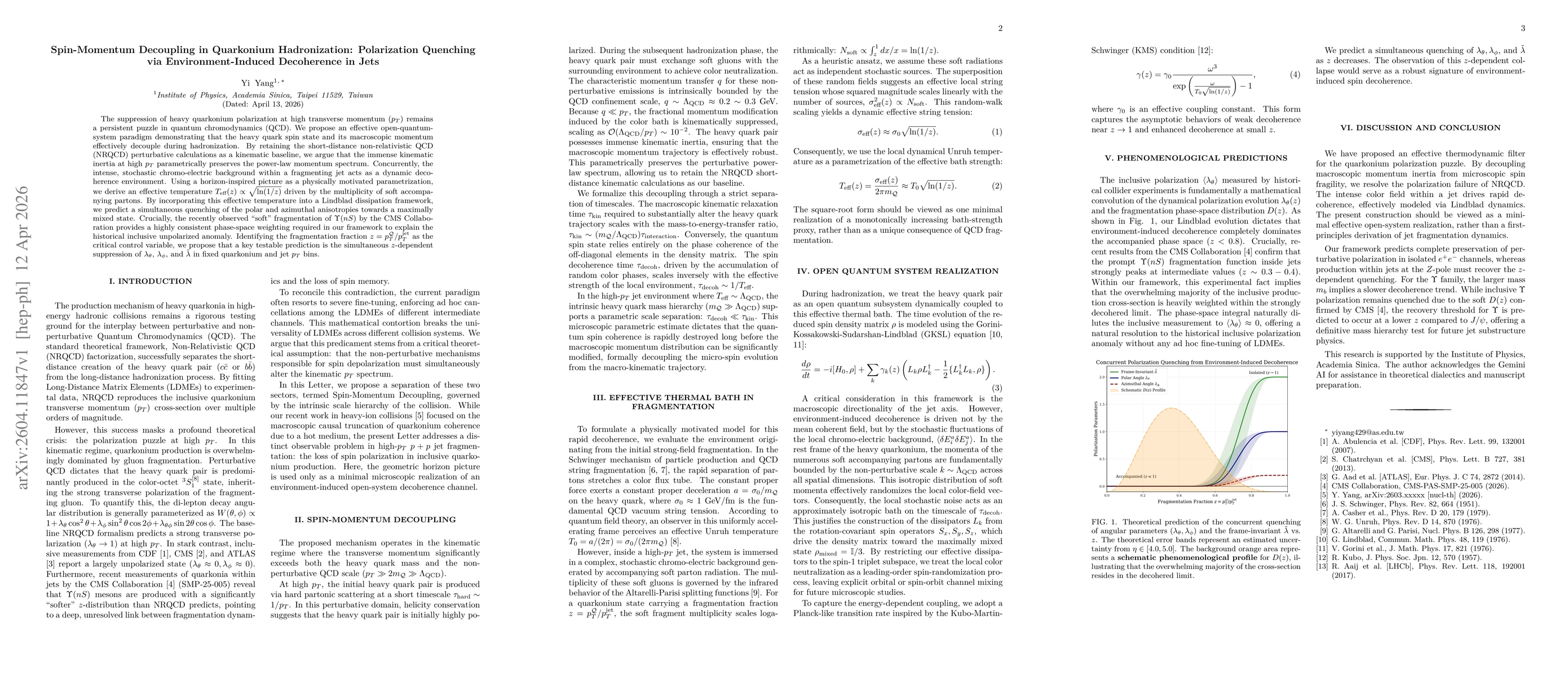 Thumbnail for Spin-Momentum Decoupling in Quarkonium Hadronization: Polarization Quenching via Environment-Induced Decoherence in Jets