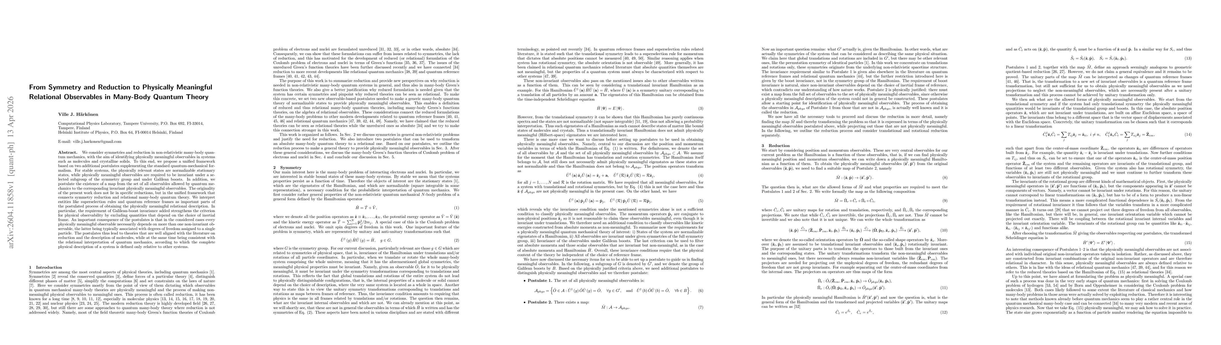 Thumbnail for From Symmetry and Reduction to Physically Meaningful Relational Observables in Many-Body Quantum Theory