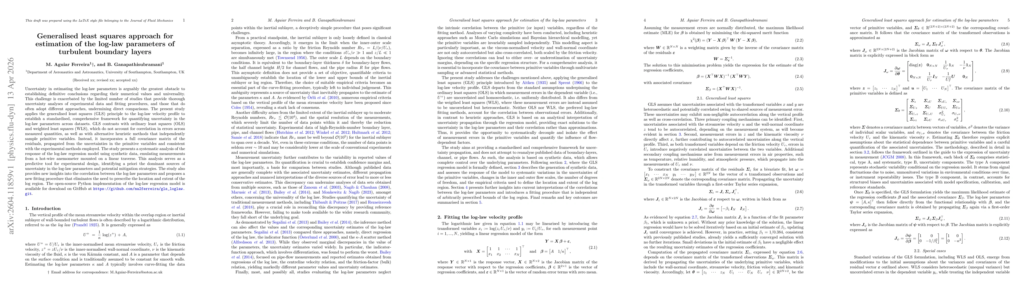 Thumbnail for Generalised least squares approach for estimation of the log-law parameters of turbulent boundary layers