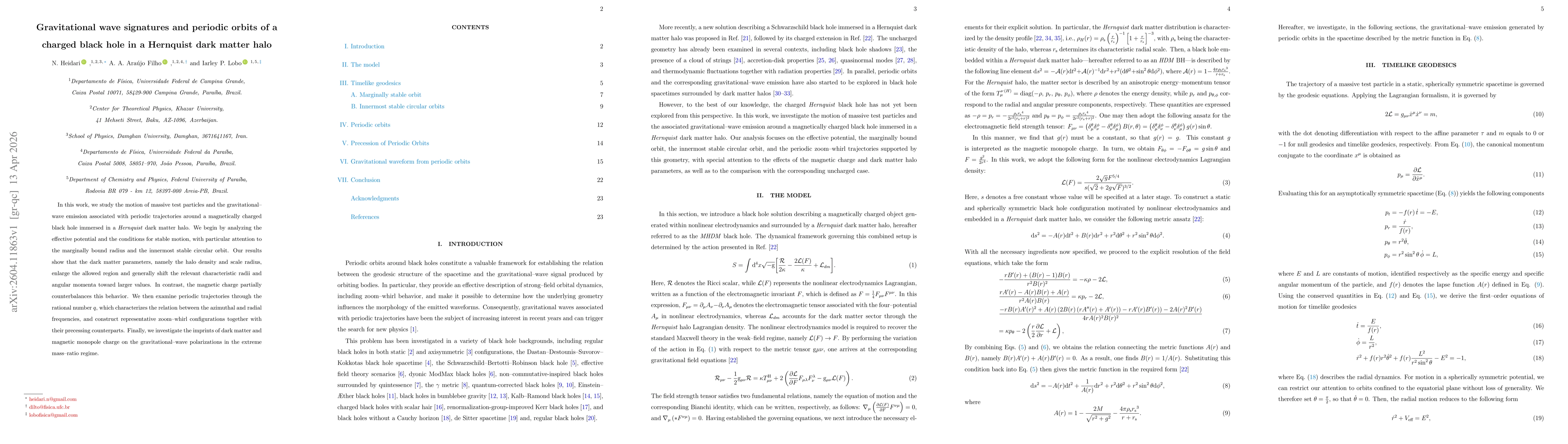 Thumbnail for Gravitational wave signatures and periodic orbits of a charged black hole in a Hernquist dark matter halo