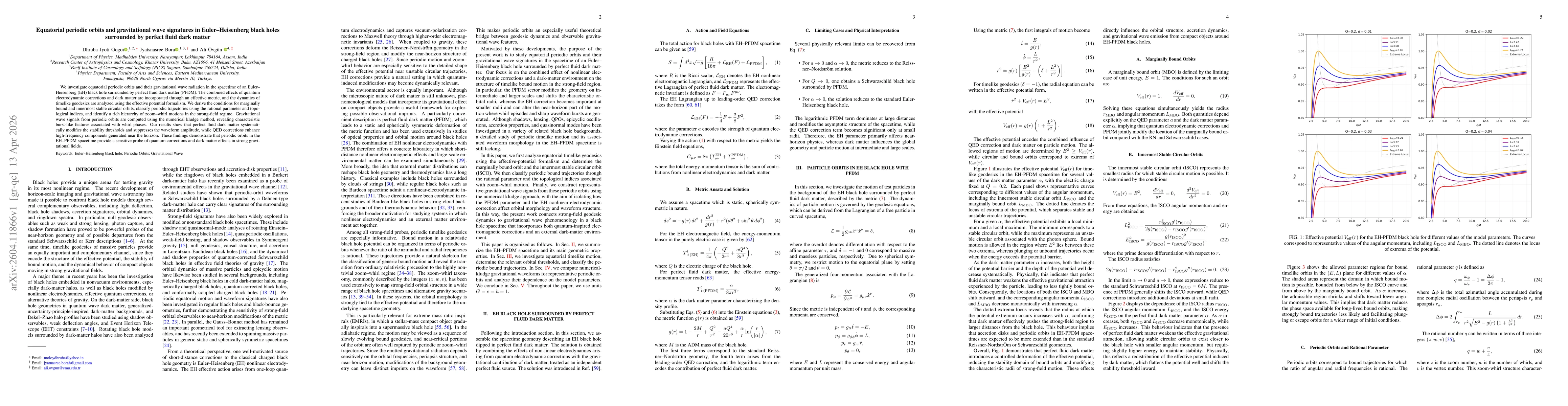 Thumbnail for Equatorial periodic orbits and gravitational wave signatures in Euler-Heisenberg black holes surrounded by perfect fluid dark matter