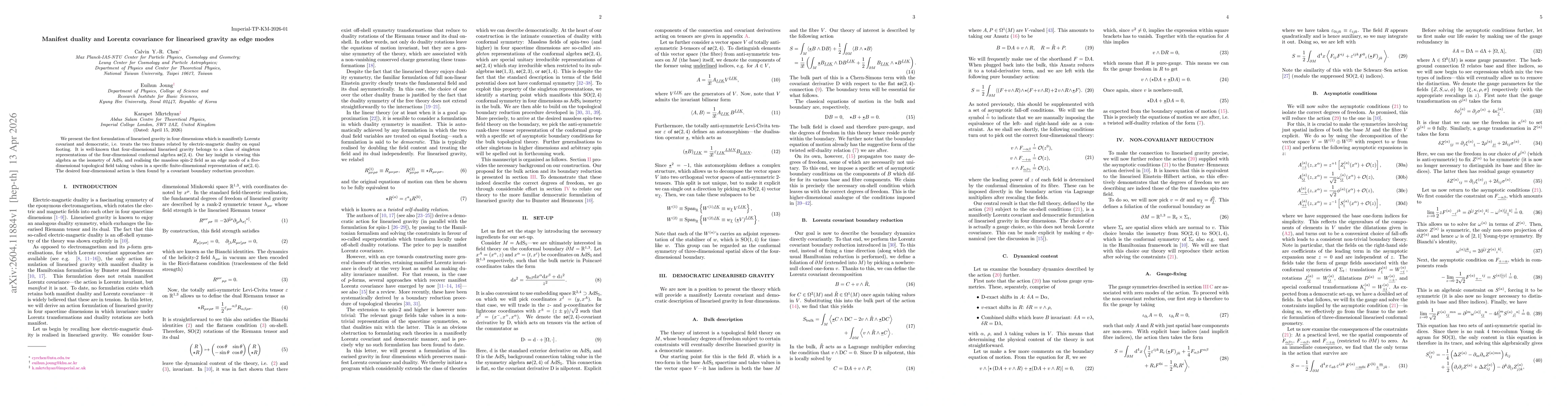 Thumbnail for Manifest duality and Lorentz covariance for linearised gravity as edge modes