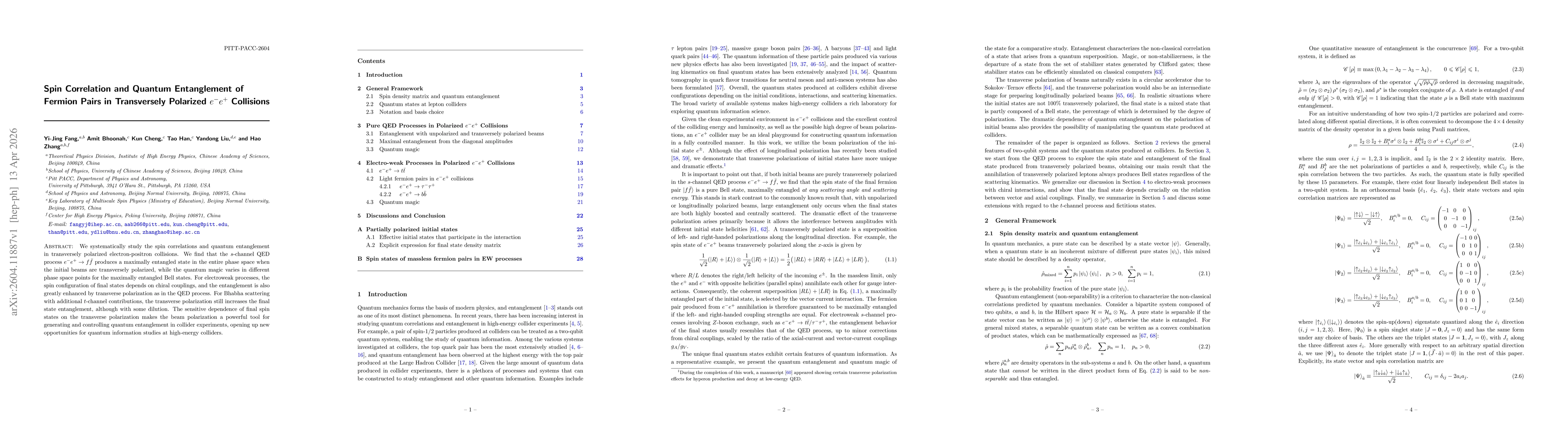 Thumbnail for Spin Correlation and Quantum Entanglement of Fermion Pairs in Transversely Polarized $e^-e^+$ Collisions