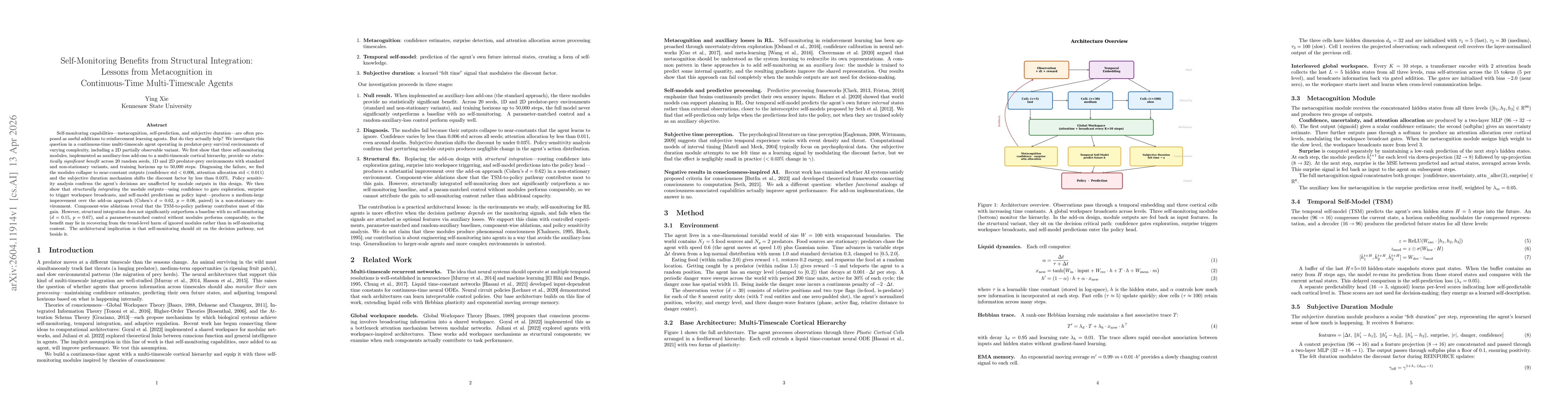 Thumbnail for Self-Monitoring Benefits from Structural Integration: Lessons from Metacognition in Continuous-Time Multi-Timescale Agents