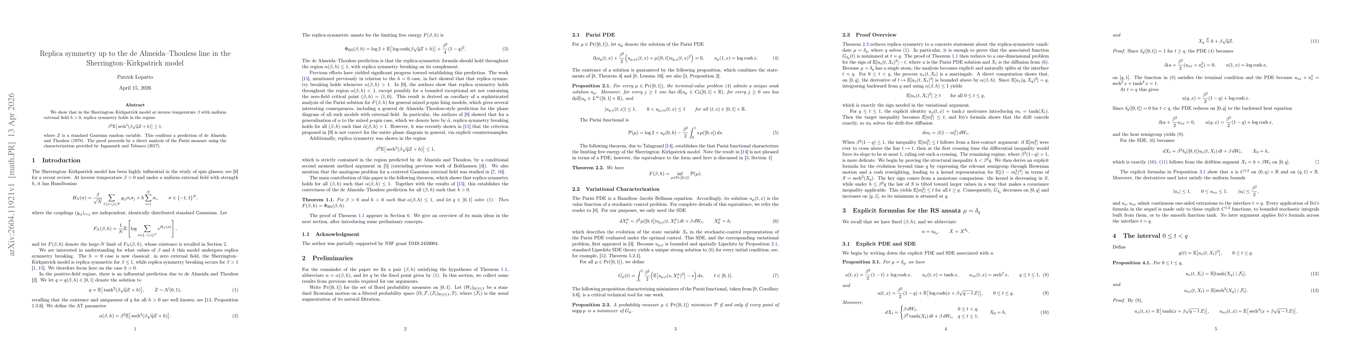 Thumbnail for Replica symmetry up to the de Almeida-Thouless line in the Sherrington-Kirkpatrick model