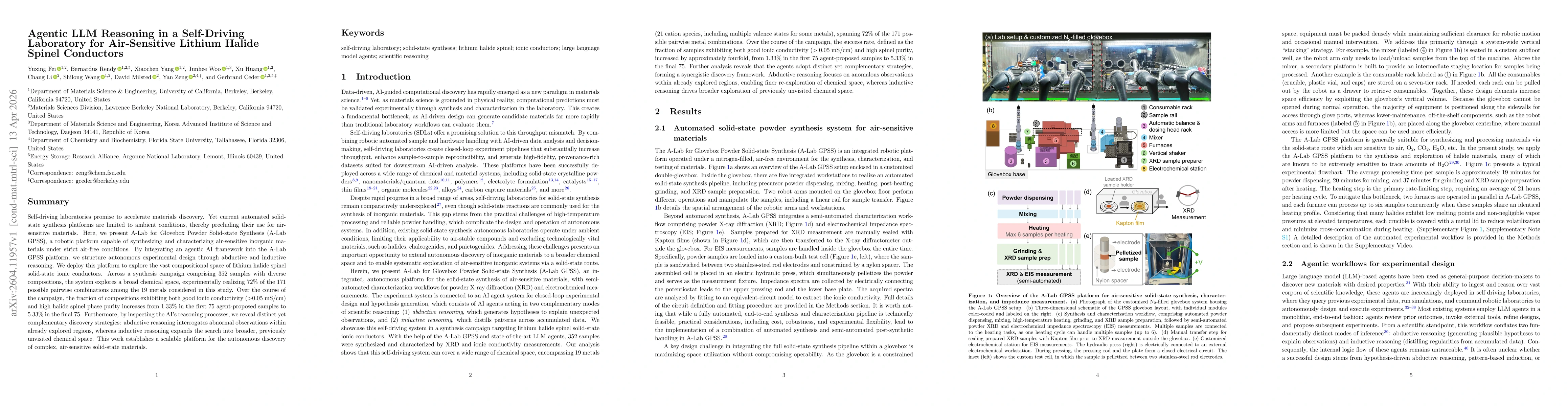 Thumbnail for Agentic LLM Reasoning in a Self-Driving Laboratory for Air-Sensitive Lithium Halide Spinel Conductors