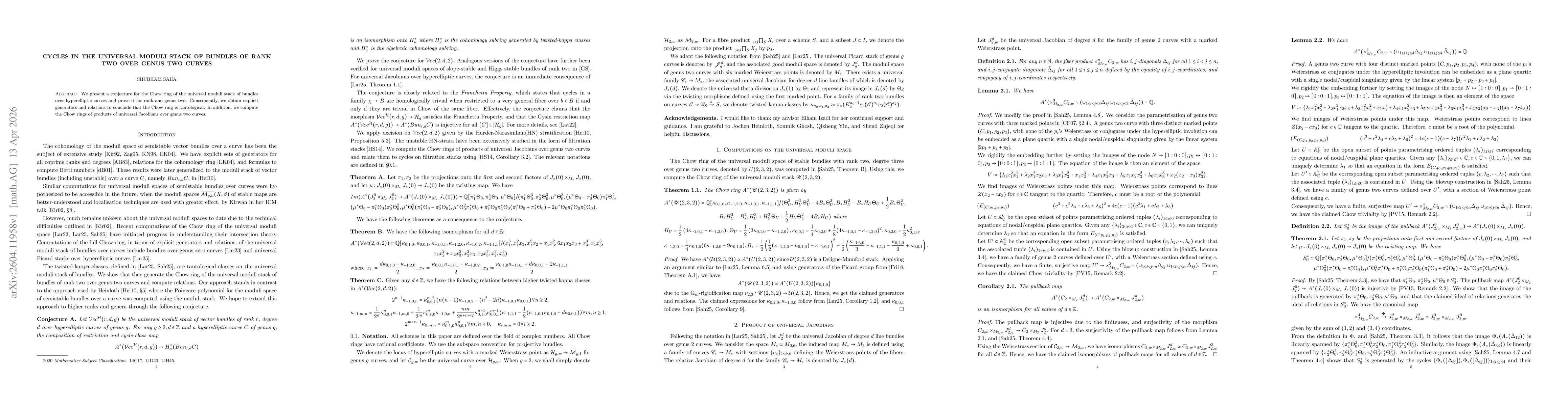Thumbnail for Cycles in the universal moduli stack of bundles of rank two over genus two curves