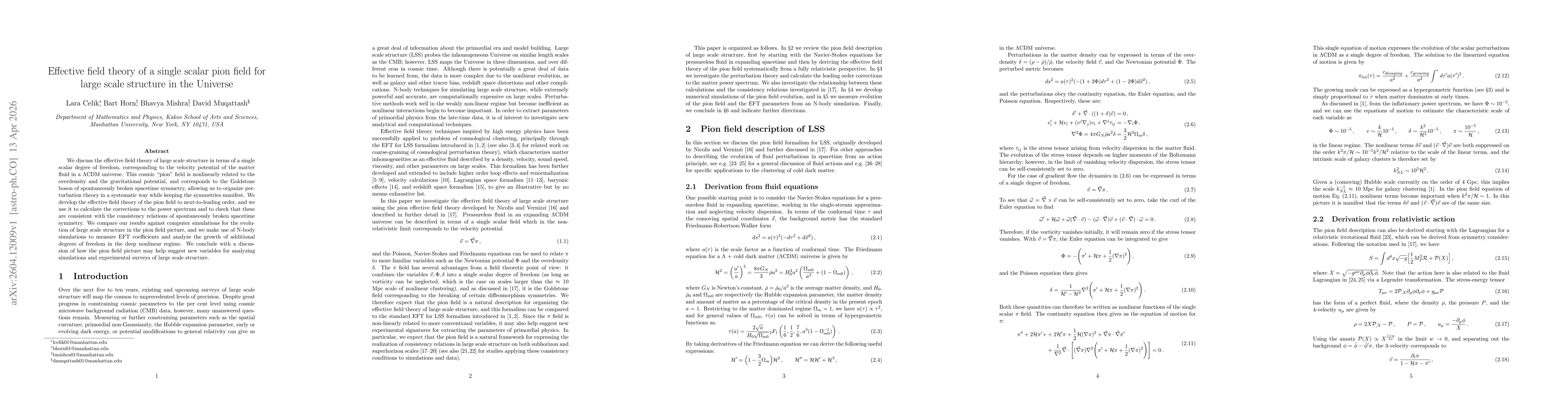 Thumbnail for Effective field theory of a single scalar pion field for large scale structure in the Universe
