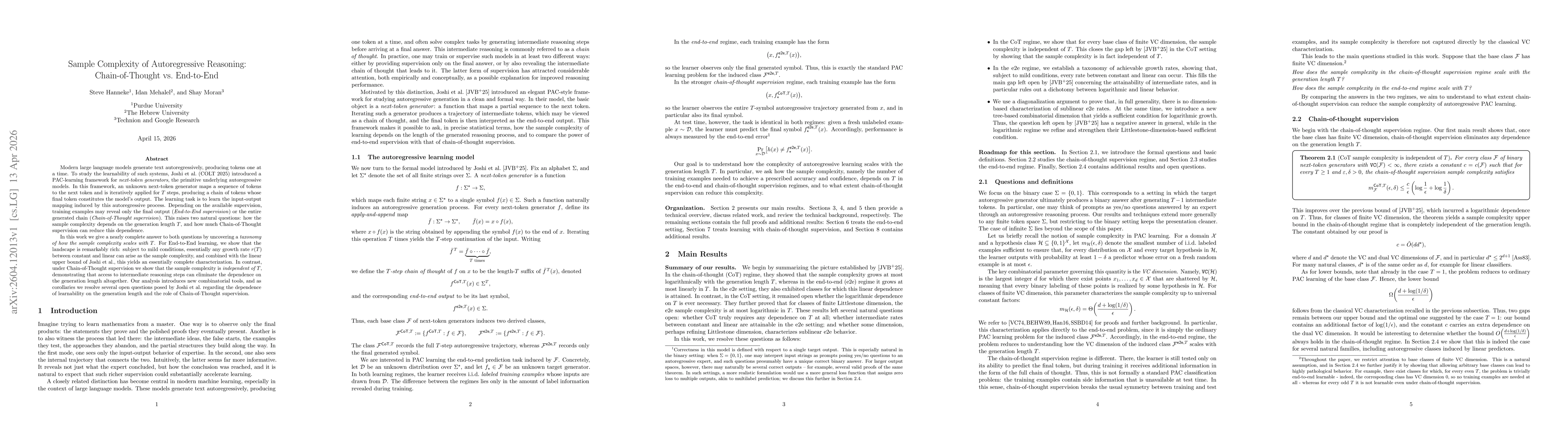 Thumbnail for Sample Complexity of Autoregressive Reasoning: Chain-of-Thought vs. End-to-End