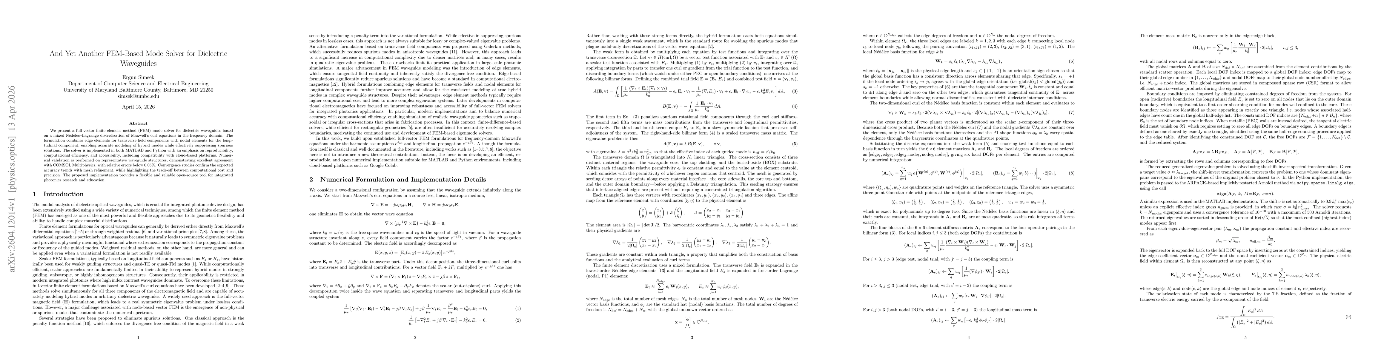 Thumbnail for And Yet Another FEM-Based Mode Solver for Dielectric Waveguides