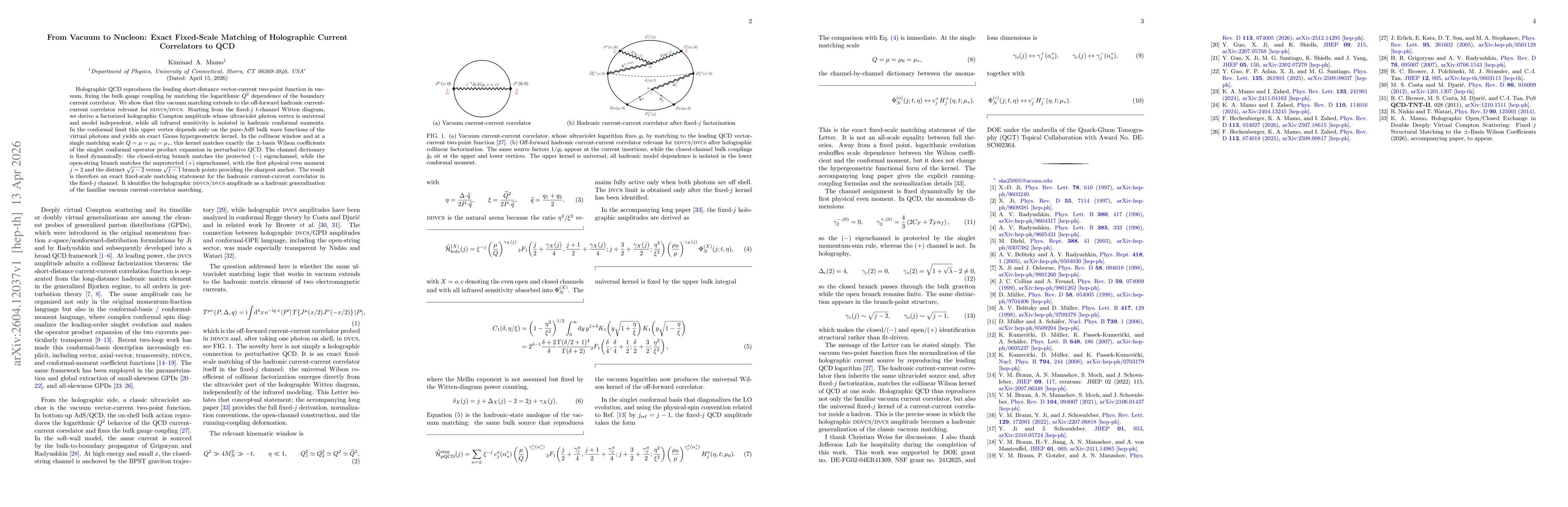 Thumbnail for From Vacuum to Nucleon: Exact Fixed-Scale Matching of Holographic Current Correlators to QCD