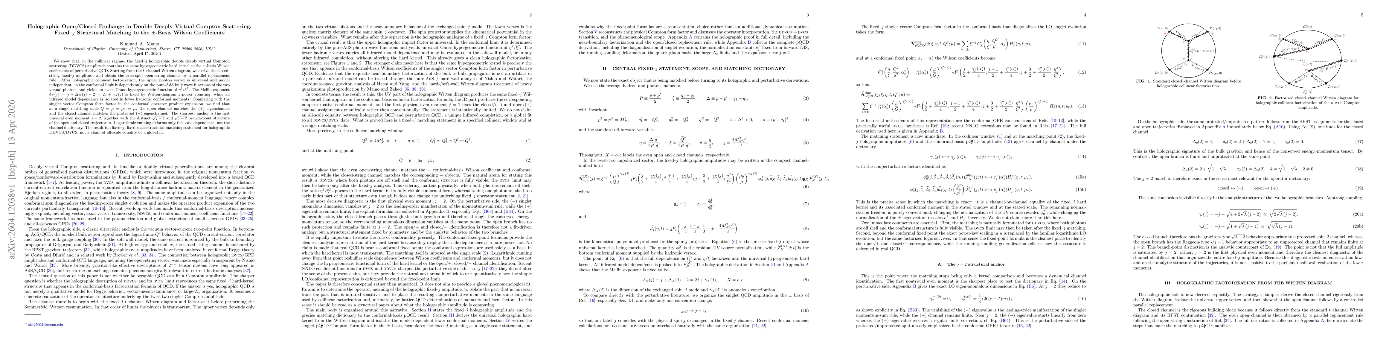 Thumbnail for Holographic Open/Closed Exchange in Double Deeply Virtual Compton Scattering: Fixed--$j$ Structural Matching to the $\pm$-Basis Wilson Coefficients