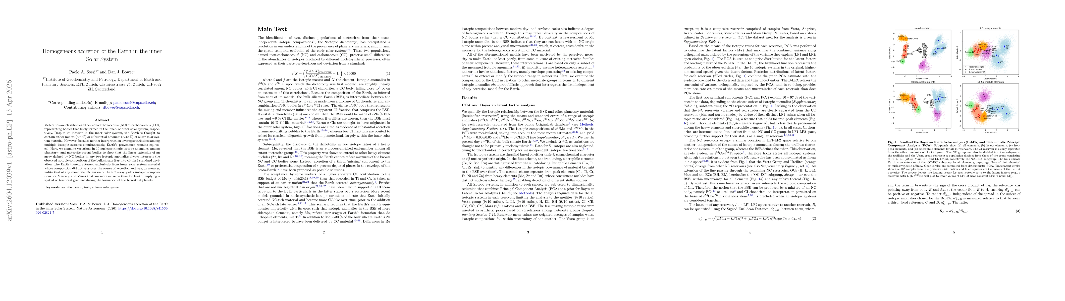 Thumbnail for Homogeneous accretion of the Earth in the inner Solar System