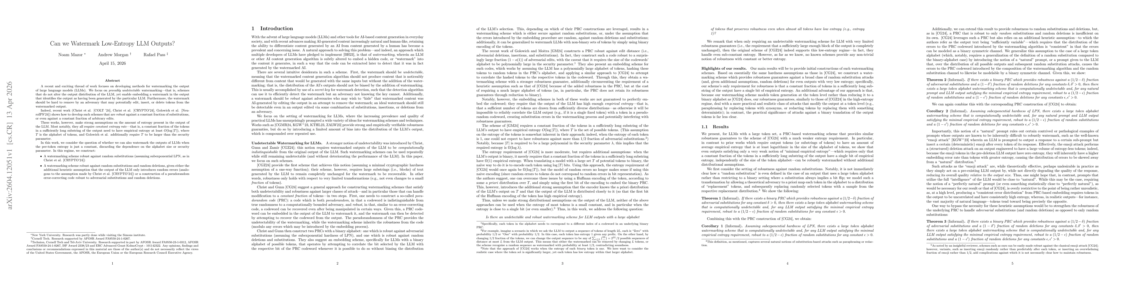 Thumbnail for Can we Watermark Low-Entropy LLM Outputs?