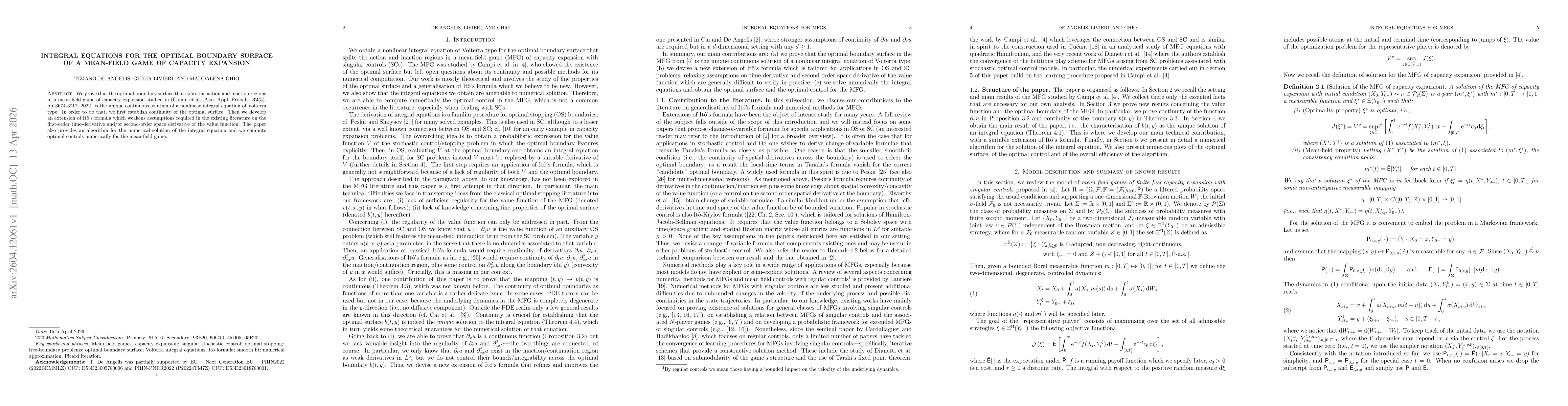 Thumbnail for Integral equations for the optimal boundary surface of a mean-field game of capacity expansion