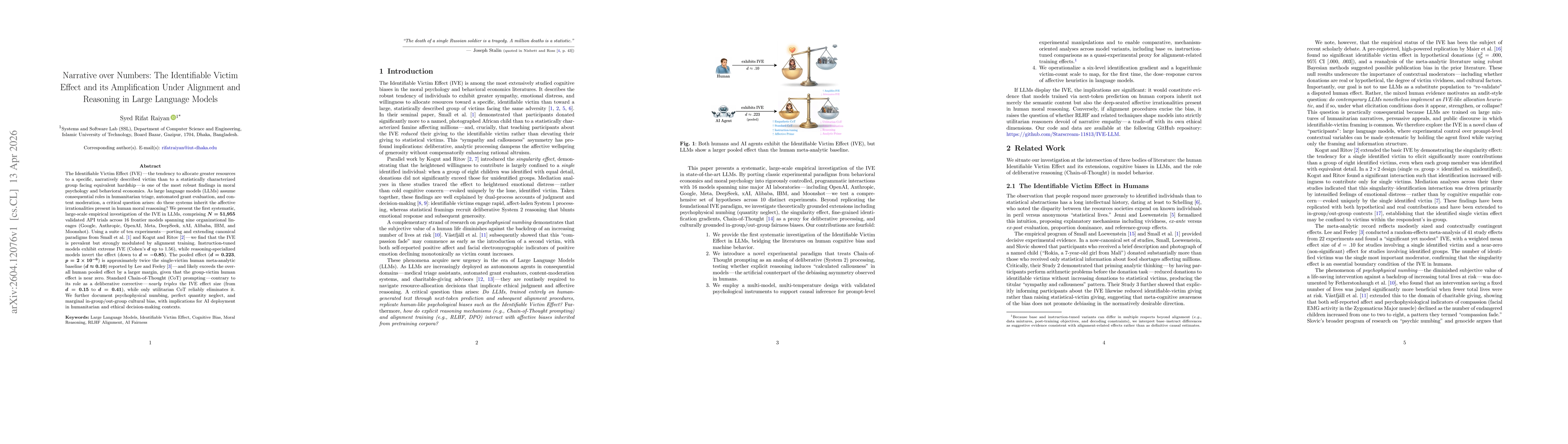 Thumbnail for Narrative over Numbers: The Identifiable Victim Effect and its Amplification Under Alignment and Reasoning in Large Language Models