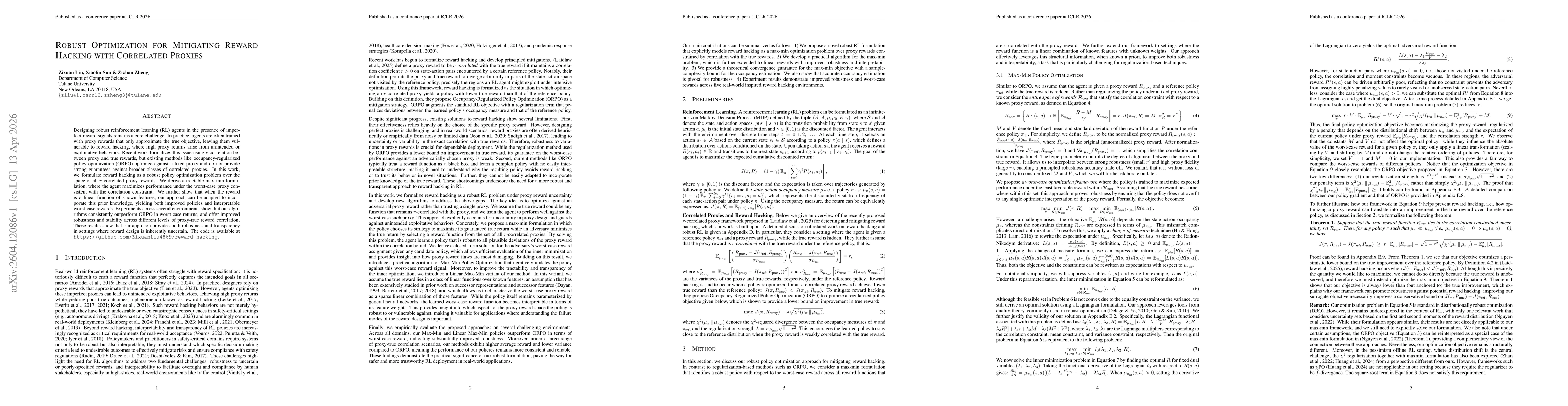 Thumbnail for Robust Optimization for Mitigating Reward Hacking with Correlated Proxies