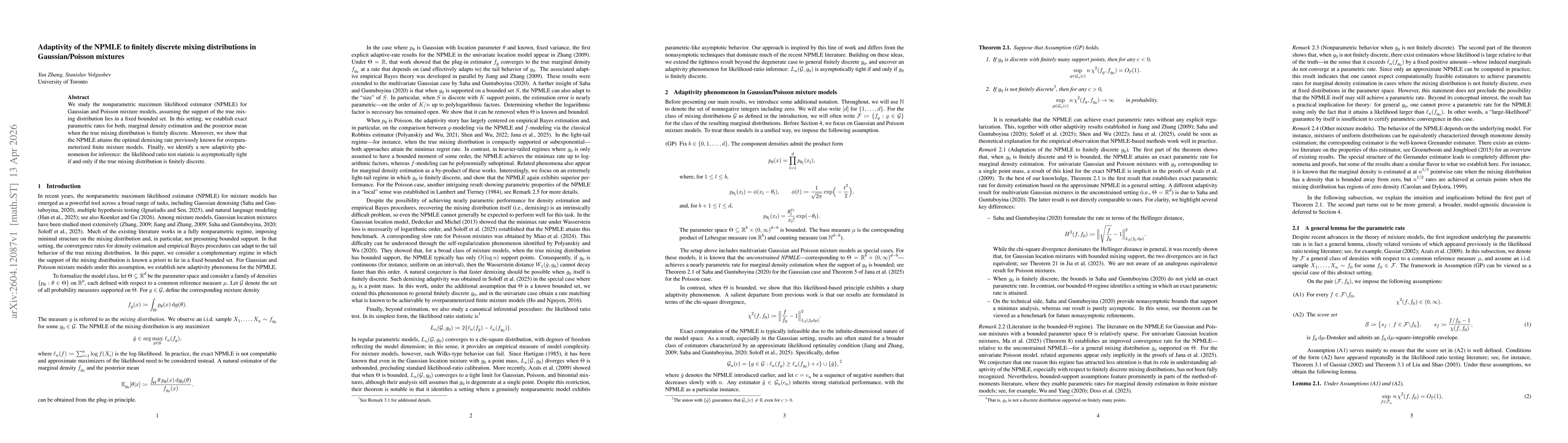 Thumbnail for Adaptivity of the NPMLE to finitely discrete mixing distributions in Gaussian/Poisson mixtures