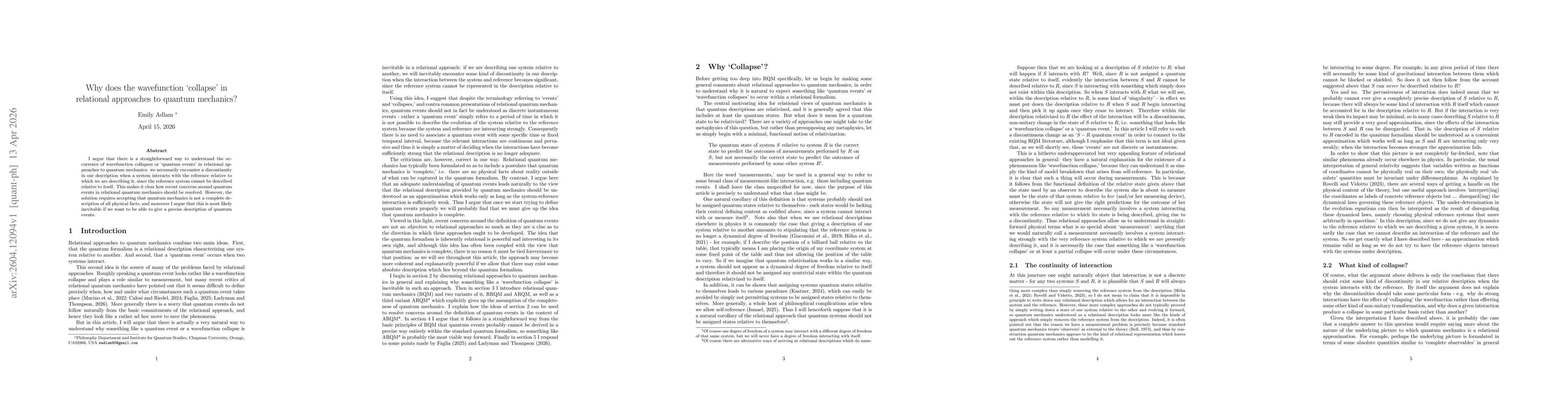Thumbnail for Why does the wavefunction 'collapse' in relational approaches to quantum mechanics?