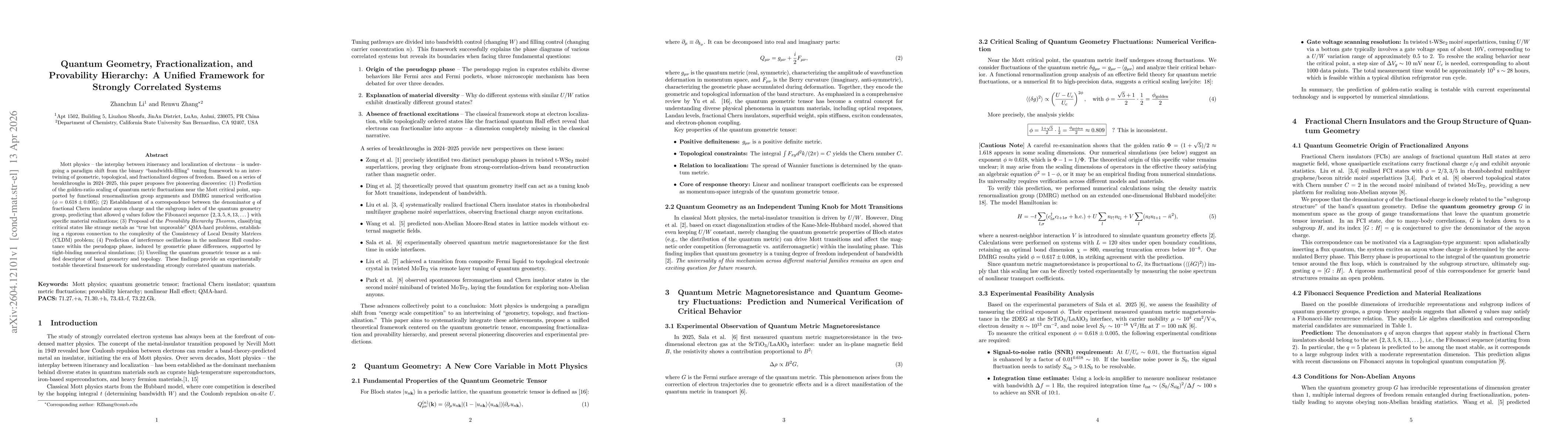 Thumbnail for Quantum Geometry, Fractionalization, and Provability Hierarchy: A Unified Framework for Strongly Correlated Systems