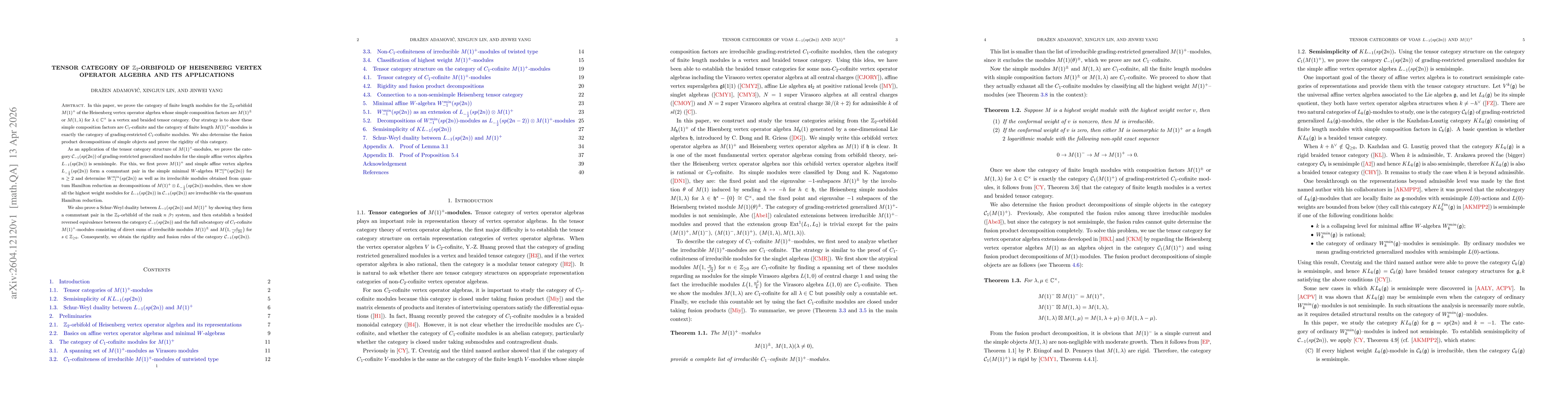 Thumbnail for Tensor category of $\mathbb{Z}_2$-orbifold of Heisenberg vertex operator algebra and its applications