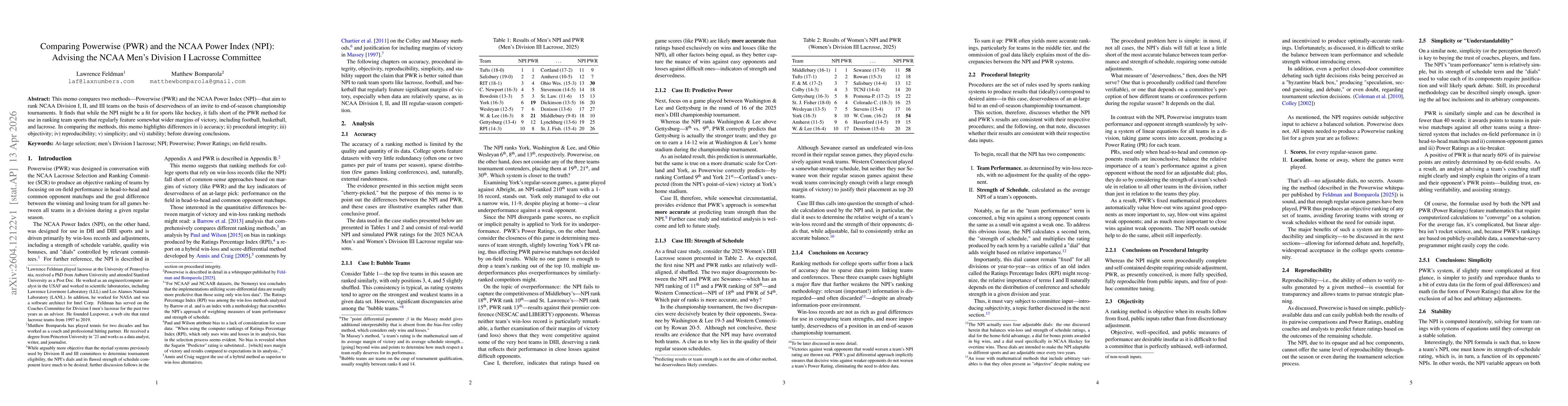 Thumbnail for Comparing Powerwise (PWR) and the NCAA Power Index (NPI): Advising the NCAA Men's Division I Lacrosse Committee