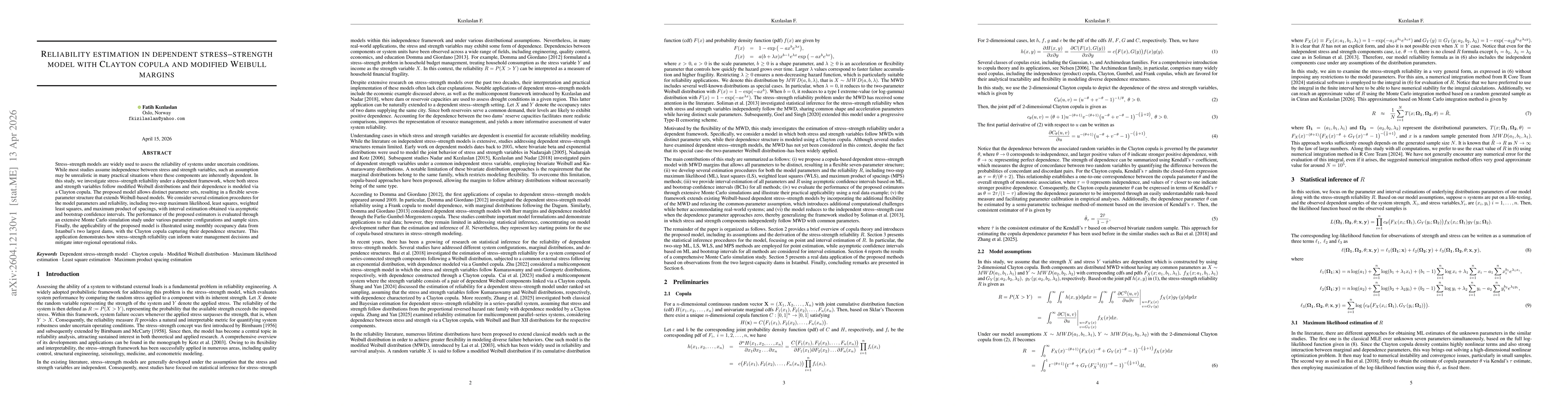 Thumbnail for Reliability estimation in dependent stress-strength model with Clayton copula and modified Weibull margins