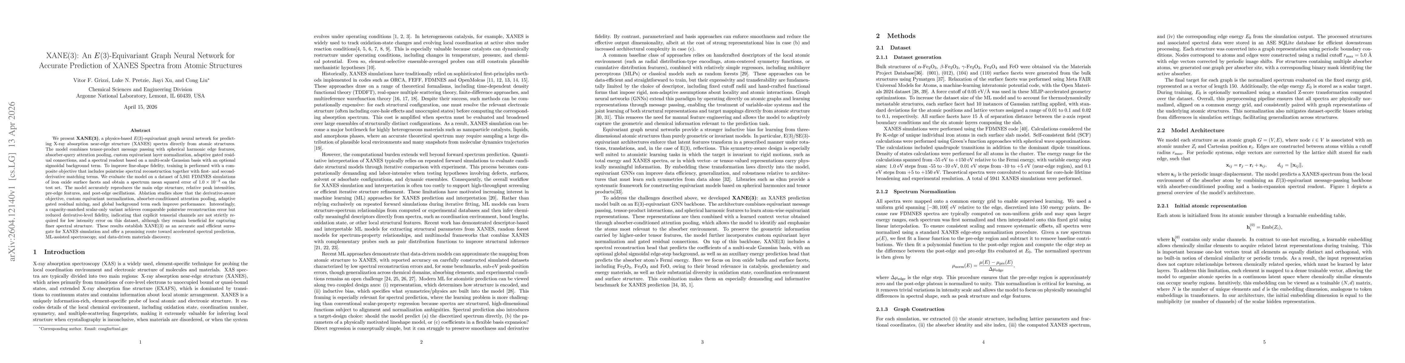 Thumbnail for XANE(3): An E(3)-Equivariant Graph Neural Network for Accurate Prediction of XANES Spectra from Atomic Structures