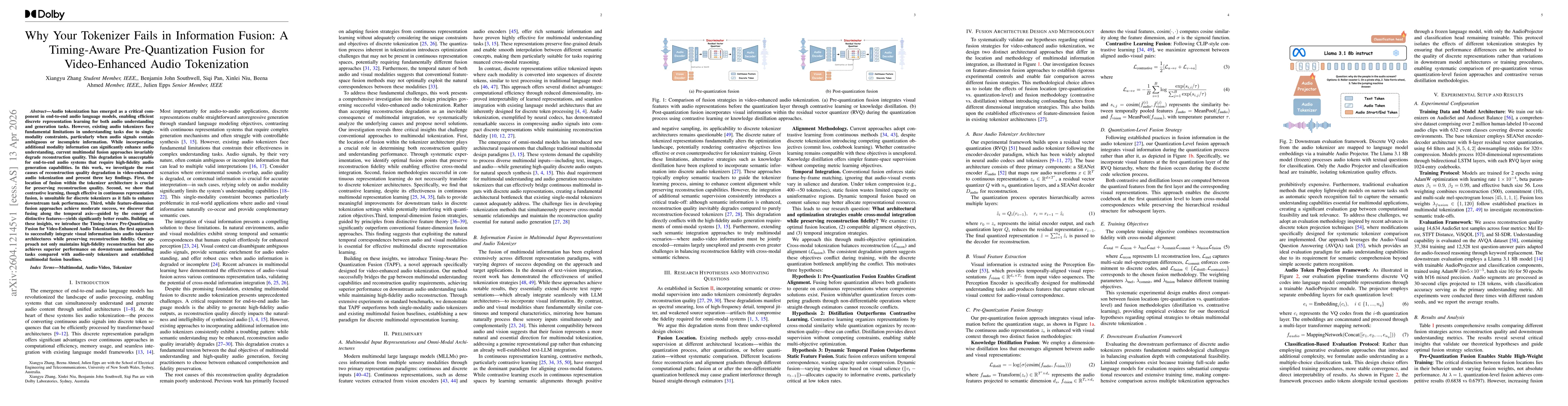 Thumbnail for Why Your Tokenizer Fails in Information Fusion: A Timing-Aware Pre-Quantization Fusion for Video-Enhanced Audio Tokenization