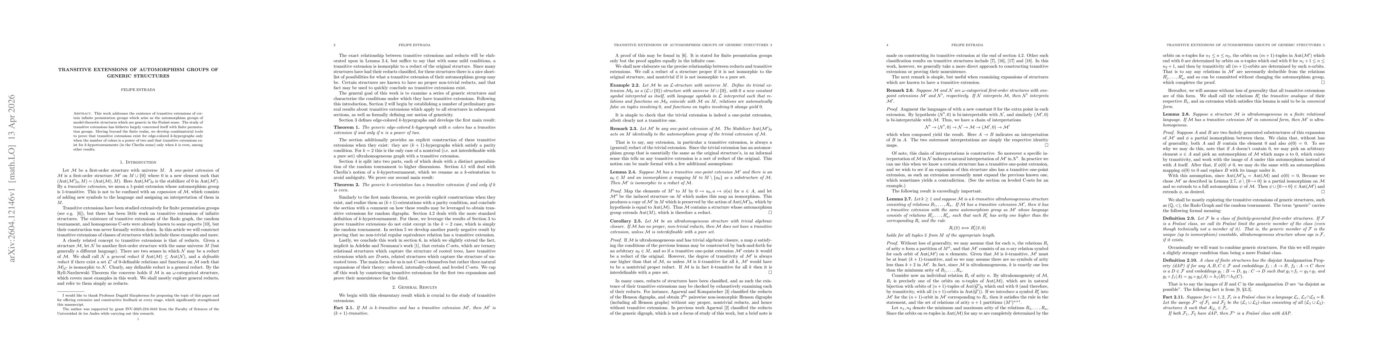 Thumbnail for Transitive Extensions of Automorphism Groups of Generic Structures