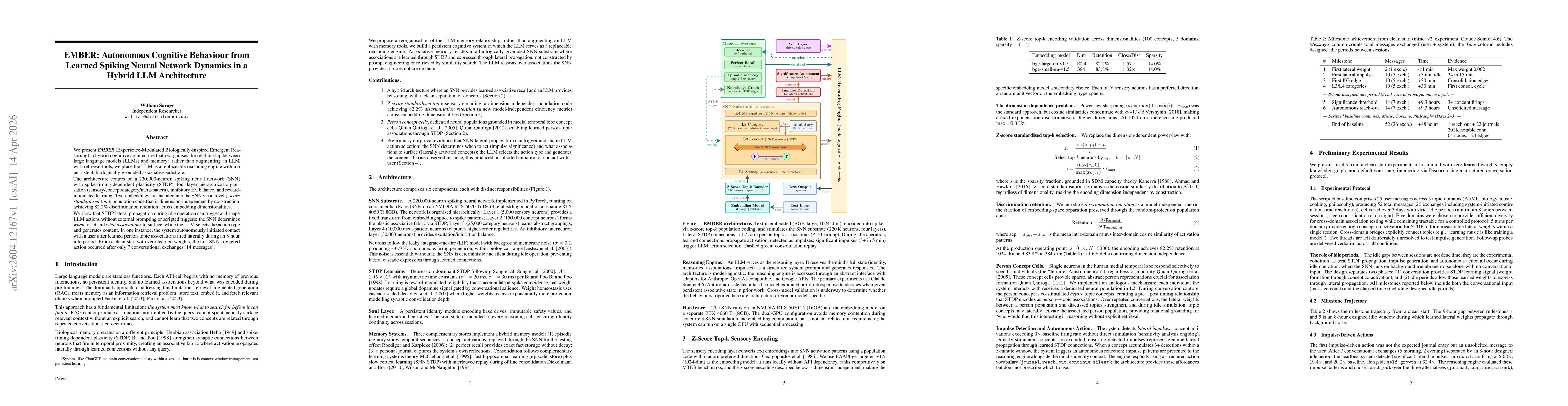 Thumbnail for EMBER: Autonomous Cognitive Behaviour from Learned Spiking Neural Network Dynamics in a Hybrid LLM Architecture