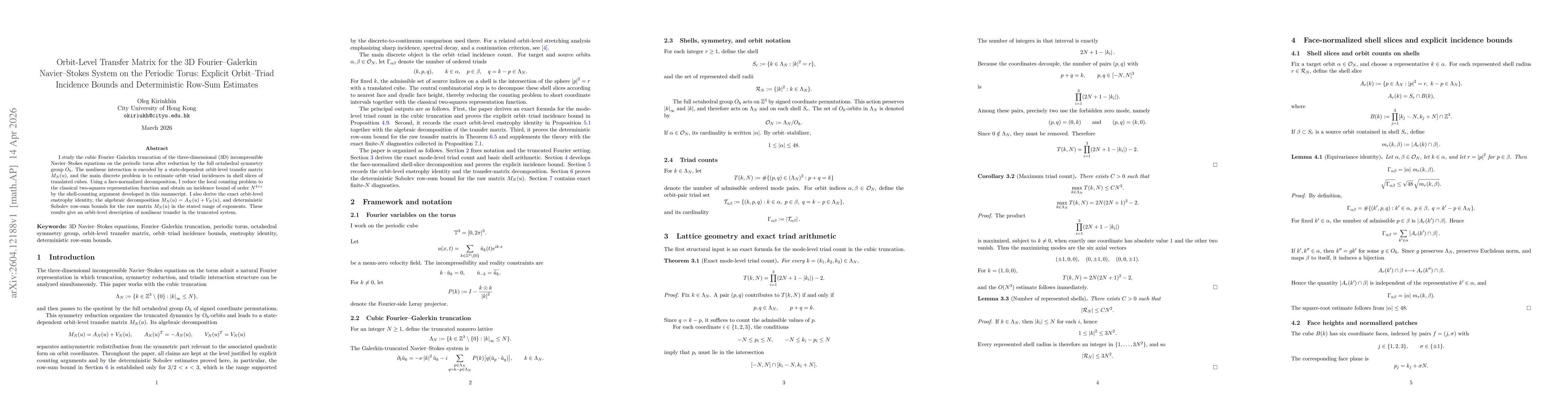 Thumbnail for Orbit-Level Transfer Matrix for the 3D Fourier-Galerkin Navier-Stokes System on the Periodic Torus: Explicit Orbit-Triad Incidence Bounds and Deterministic Row-Sum Estimates