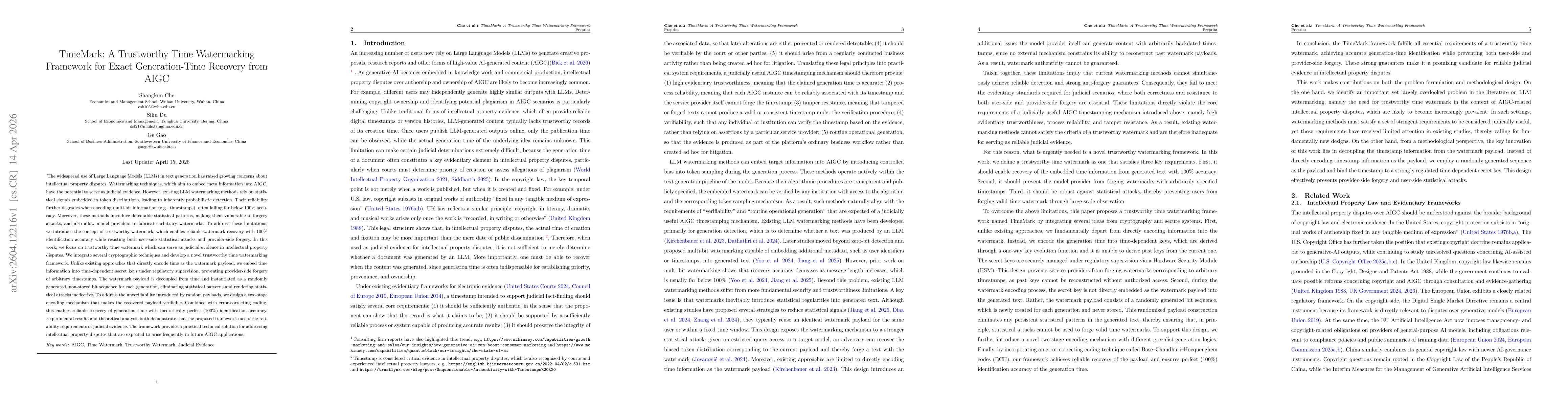 Thumbnail for TimeMark: A Trustworthy Time Watermarking Framework for Exact Generation-Time Recovery from AIGC