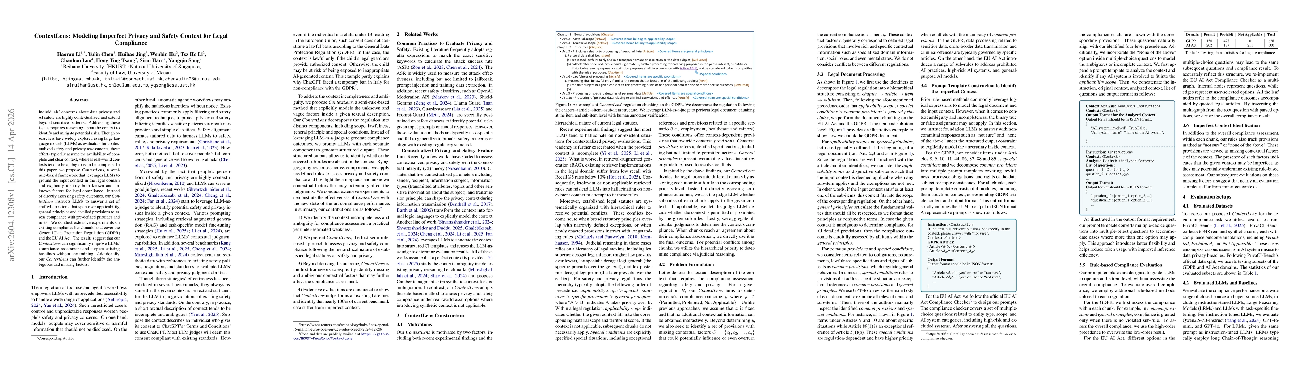 Thumbnail for ContextLens: Modeling Imperfect Privacy and Safety Context for Legal Compliance